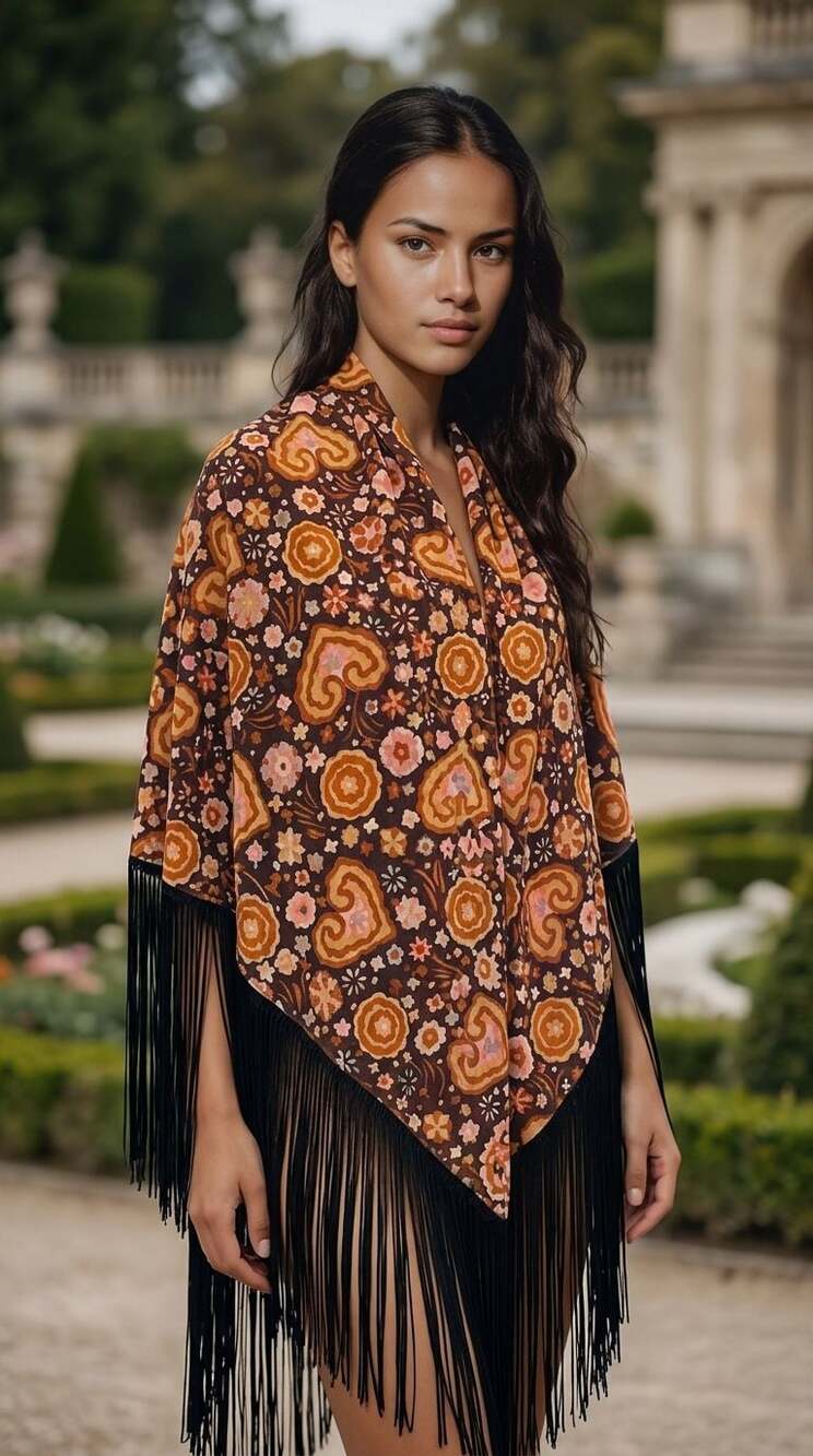 Miss June Paris Vintage Boho Short Fringe-edged Ruana Shawl Wrap Multi Color